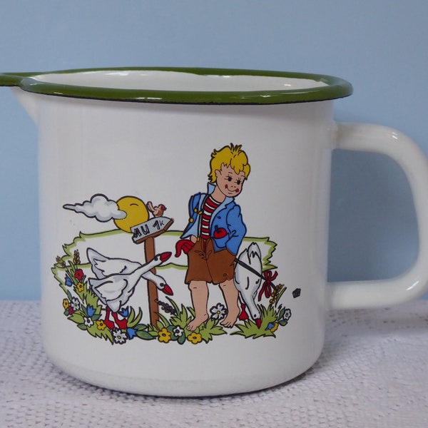 Vintage Enamel Email An Old Milk Jug Hans in Happiness Goose Farm Animals Germany White Green Shabby Chic Country House Flowerpot Jug Jug
