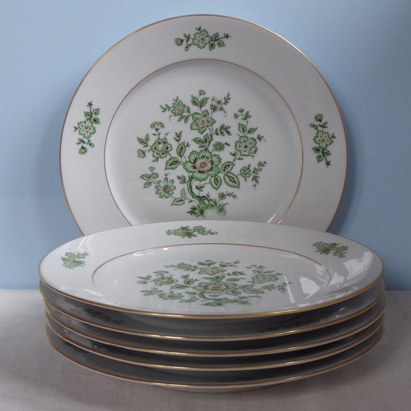 Vintage Set Six Dinner Plates Hutschenreuther Alt Tirschenreuth Germany White Green Flowers Goldrand Porcelain Flat Plates Essteleller