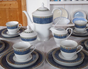 Vintage koffieservies voor 6 personen Mitterteich Bavaria Duitsland 21 delig blauw met abstract patroon theeservies porselein