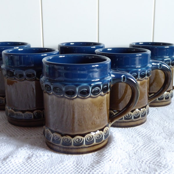 Set 6x Bierkrug Vintage 1970 Rosenthal studio-linie Björn Wiinblad Brotzeit Handarbeit! Keramik Braun Blau Bierseidel Humpen Henkel Becher