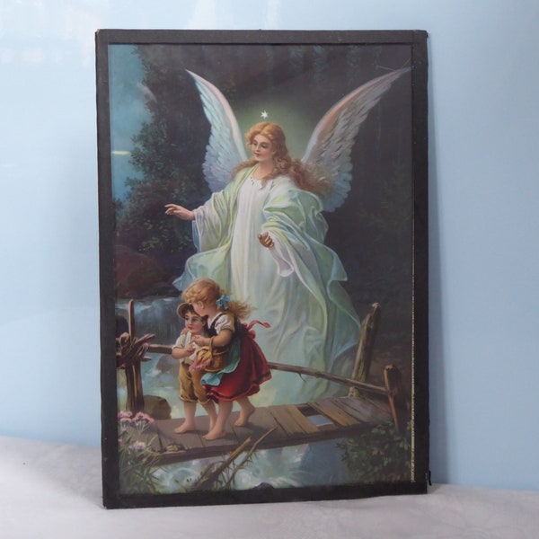 Antik Heiligenbild Schutzbild Schutzengel beschützt Kinder Engel Shabby Chic Bild ohne Rahmen Religiös Shabby Chic Weihnachten