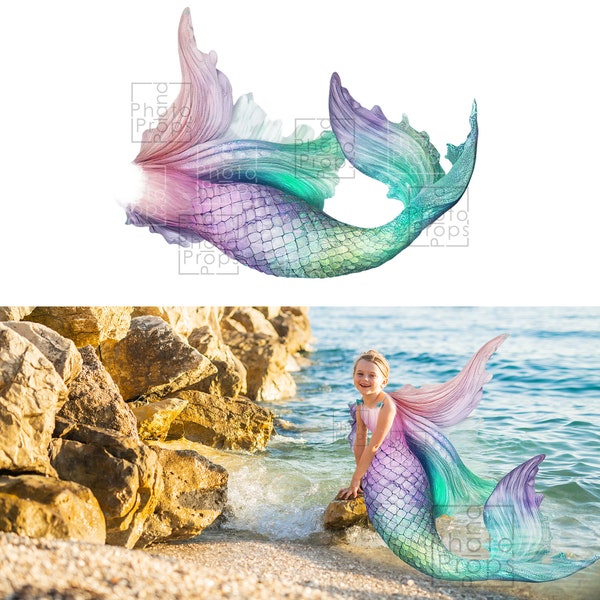 Mermaid tail png overlay - ready digital pastel rainbow tail for photography - isolated from background
