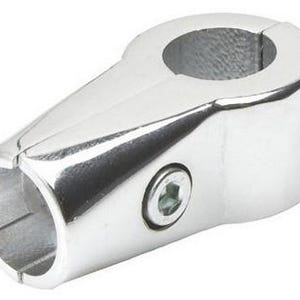 May include: Silver metal pipe connector with a 90-degree angle. The connector has a smooth, polished finish and a screw on one side.