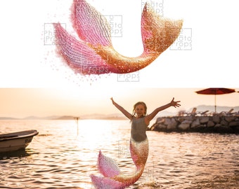 Superposición de cola de sirena png - cola de oro rosa digital lista para fotografía - aislada del fondo