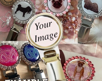 Next day postage personalised bespoke ring clip with your dogs picture, with sparkly glitz surround metal ring clip exhibitor number display