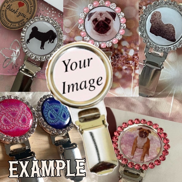 Next day postage personalised bespoke ring clip with your dogs picture, with sparkly glitz surround metal ring clip exhibitor number display