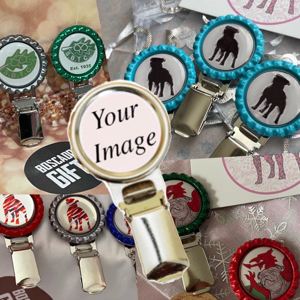 Next day postage personalised bespoke ring clip with your dogs picture, with coloured surround metal ring clip exhibitor number display