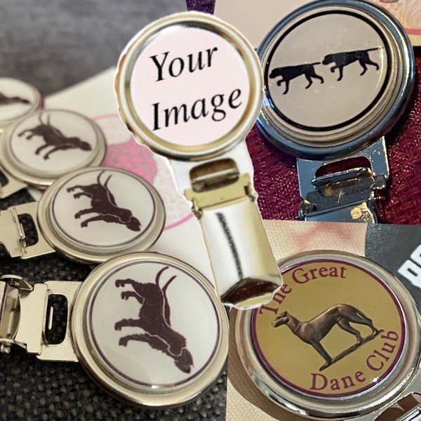 Next day postage personalised bespoke ring clip with your dogs picture, with plain metal surround metal ring clip exhibitor number display