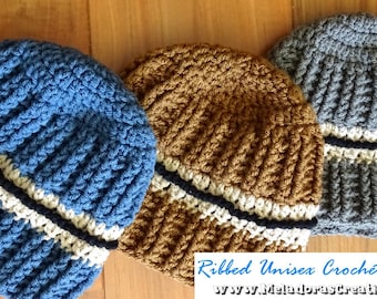 May include: Three crocheted beanies in blue, brown, and gray with white and black stripes. Ribbed Unisex Crochet Beanie www.Meladorascreations.com
