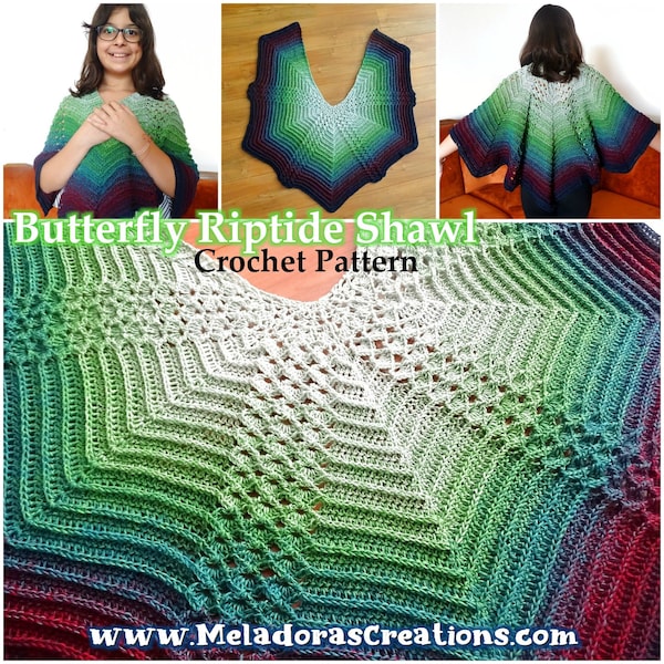 Butterfly Riptide Shawl  - Butterfly Shawl Crochet Pattern PDF