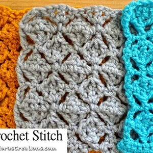 May include: Three crochet squares in different colors: mustard yellow, gray, and turquoise. The squares are made using the "Gothic Crochet Stitch" pattern. The text "Gothic Crochet Stitch" is visible at the bottom of the image.