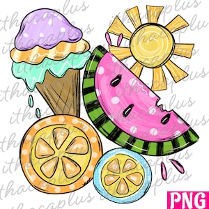 Watercolor Summer  Watermelon PNG, ice cream lemon sunshine png printable, clipart, heloo summer sublimation, png