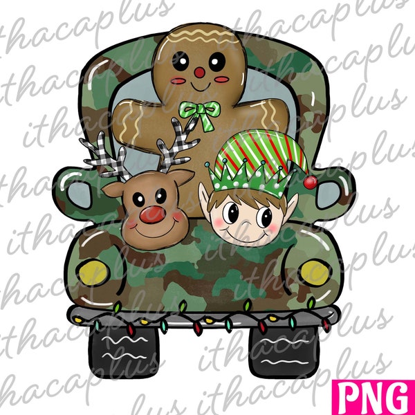 Christmas camo Truck PNG sublimation for boy, XMAS elf reindeer gingerbread printable,Christmas camouflage vintage truck clipart digital