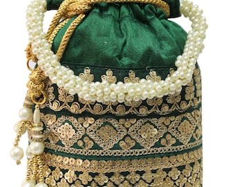 Designer Potli Bag for women with Golden Embroidery and Pearl Handle Tassel Women’s Handbag Purse Indian (Green) : Milan’s Creation