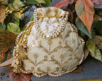 Indian Potli Bags Beige Golden Purse Pearl Handle & Tassels Women’s Handbag Wedding: Milan’s Creation
