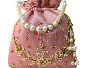 Indian Potli Bag Purse Zardosi & Pearls Hand Embroidered Drawstring Women's Handbag With Tassels and Pearl Handle (Onion):Milan's Creation