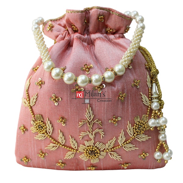 Indian Potli Bag Purse Zardosi & Pearls Hand Embroidered Drawstring Women's Handbag With Tassels and Pearl Handle (Onion):Milan's Creation