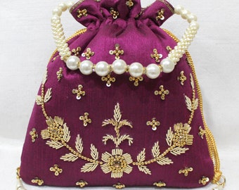 Indian Potli Bag Purse Zardosi & Pearls Hand Embroidered Drawstring Women's Handbag With Tassels and Pearl Handle (Purple):Milan's Creation