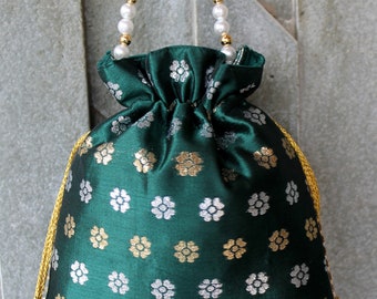 Indian Potli Bags Purse Silk Pearl Handle & Tassels Women’s Handbag Ethnic Designer Wedding Giveaway Gifting (Green) : Milan’s Creation