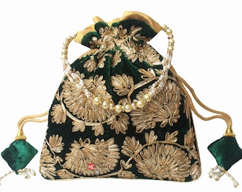 Potli Bag Jewelry Coin Pouch Potli Bag Gota Patti Work Potli Bag Batwa Pearls Handle Purse Clutch Purse for Women