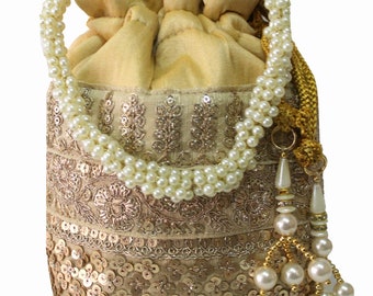 Designer Potli Bag for women with Golden Embroidery and Pearl Handle Tassel Women’s Handbag Purse Indian (Golden) : Milan’s Creation