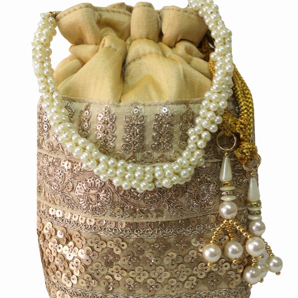 Sac potli de créateur pour femme avec broderie dorée et anse en nacre Sac à main pour femme indien (doré) : Milan's Creation