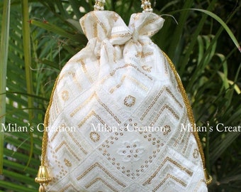 Indian Potli Bags Beige Golden Purse Pearl Handle & Tassels Women’s Handbag Wedding: Milan’s Creation