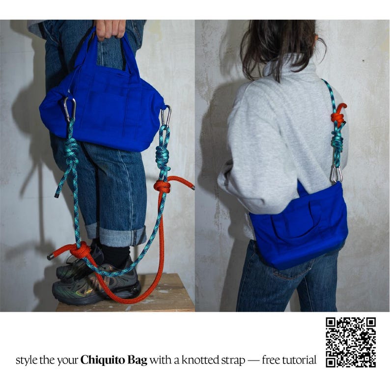 May include: A bright blue tote bag featuring a long, adjustable strap made from thick, multicolored climbing rope secured with metal carabiners and knots. The text below reads: style the your Chiquito Bag with a knotted strap &mdash; free tutorial.