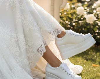 Custom White Platform Wedge Wedding Sneakers – 9cm Bridal Lace-Up Shoes