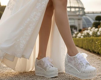 Custom Handmade Bridal Wedge Sneakers, Pearl Crystal Embellished Wedding Shoes