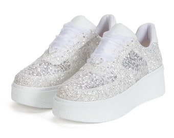 Custom Wedding Sneakers, Embroidered Lace, Glitter Bridal Shoes