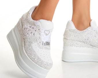 Glitter Platform Wedding Sneakers, Personalized Bridal Shoes