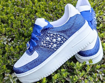 Royal Blue Shoes Personalized bridal shoes glitter color options, wedding shoe pearls detailed sneakers bride shoes color Stilo Desing NEW