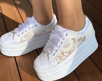 Chaussures de mariage, design en dentelle confortable, escarpins Stilo, modèle de chaussures de mariée à plateforme sur mesure