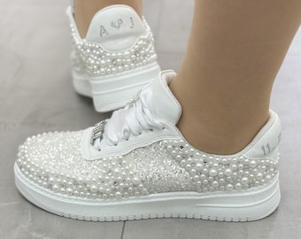 Personalized Bridal Sneakers, Pearl Crystal Glitter Shoes, Handmade Wedding Shoes