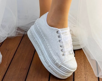 Personalized Bridal Platform Shoes, Glitter Pearl Stone Details, Wedding Shoes