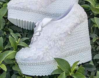 Customizable Lace Wedge Bridal Shoes, Height Options