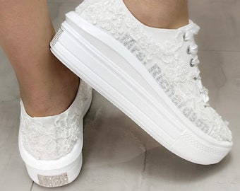 Personalized Wedding Sneakers, Lace Bridal Shoes, Custom Name & Date