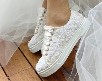 Ivory Lace Wedding Sneakers, Personalized Bridal Shoes