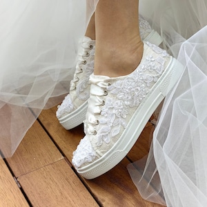 Ivory Lace Wedding Sneakers, Personalized Bridal Shoes