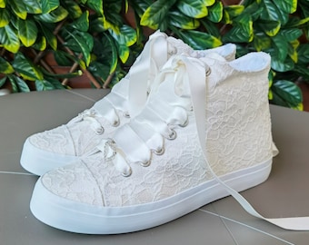 Ivory Lace Bridal Sneakers: Personalized Wedding High Tops