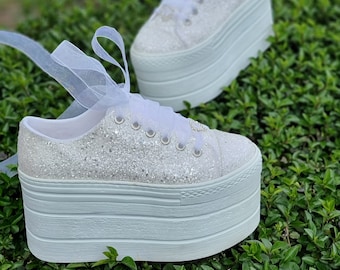 Glitter Wedding Sneakers for Bride, Platform Bridal Shoes, Customizable