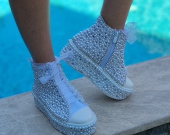Bling Bridal Sneakers, Pearl Wedding Shoes, Platform High Tops