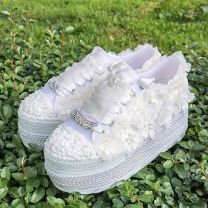 Bridal shoes Pearl and Lace  Bridal Sneakers , Bling , Wedding Shoes Lace and White Pearls , Custom Customizable Bridal Shoes