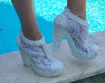 Bruidsschoenen, trouwschoenen, prachtige bruidsschoenen, kant, madeliefje, parels bruidsschoenen, aanpasbare parelkleur wit of ivoor