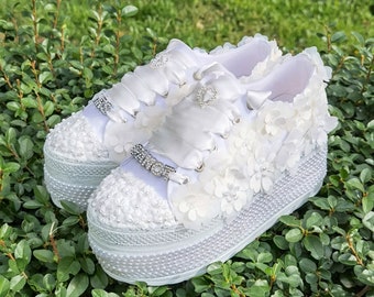 Pearl Lace Bridal Sneakers, Custom Wedding Shoes