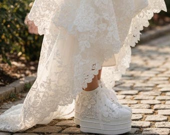 Ivory Bridal Platform Sneakers, Lace Wedding Shoes, Custom Initials
