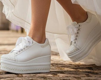 Platform Wedge Bridal Sneakers, Personalized Wedding Shoes, Handmade in Any Color, , Glitter and Leather