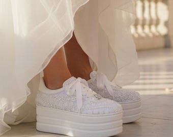 Bride Sneakers, Lace Crystal Wedding Shoes, Raised Sole Ceremony Footwear