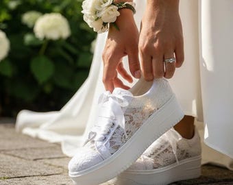 Wedding Bridal Gown Shoes, Lace-up Comfortable Weddings, Custom Options Sneakers, Bridal NEW